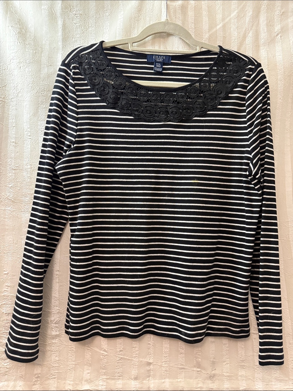 Chaps Black and White Striped Long Sleeve Top with Lace Yoke